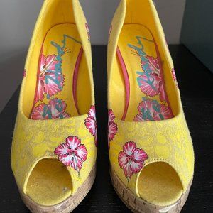 Ed Hardy Womens Wedge Platform Shoes  - Yellow Pink Floral Butterfly Peep Toe